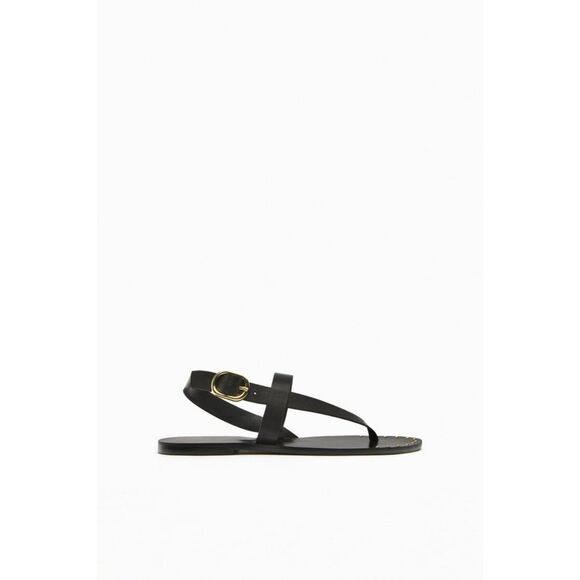 Black Zara Leather Gold Tone Studded Ankle Buckle Closure Flat Sandals (NWT) - Picture 5 of 9